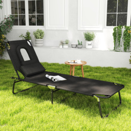Outsunny Foldable Sun Lounger Recliner Chair with Pillow, Reading Hole for Garden Beach, Adjustable, Black - thumbnail 2