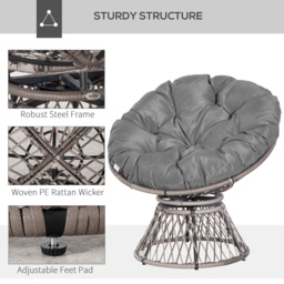Outsunny 360° Swivel Rattan Papasan Moon Bowl Chair Round Lounge Garden Wicker Basket Seat with Padded Cushion Oversized for Outdoor Indoor, Grey - thumbnail 6