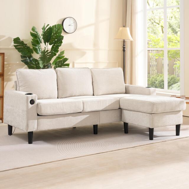 L-Shaped Corner Sofa with USB Charging Ports and Cup Holders, Modular Sofa with Storage Ottoman and Pockets, 202L x 137W x 80H cm, Beige - Aosom UK - image 1