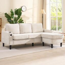 L-Shaped Corner Sofa with USB Charging Ports and Cup Holders, Modular Sofa with Storage Ottoman and Pockets, 202L x 137W x 80H cm, Beige - Aosom UK