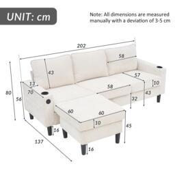 L-Shaped Corner Sofa with USB Charging Ports and Cup Holders, Modular Sofa with Storage Ottoman and Pockets, 202L x 137W x 80H cm, Beige - Aosom UK - thumbnail 3
