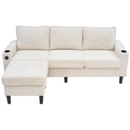 L-Shaped Corner Sofa with USB Charging Ports and Cup Holders, Modular Sofa with Storage Ottoman and Pockets, 202L x 137W x 80H cm, Beige - Aosom UK - thumbnail 2