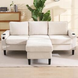 L-Shaped Corner Sofa with USB Charging Ports and Cup Holders, Modular Sofa with Storage Ottoman and Pockets, 202L x 137W x 80H cm, Beige - Aosom UK - thumbnail 4