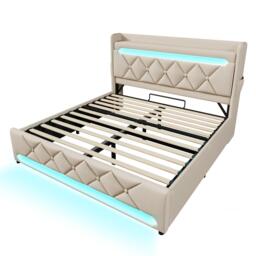 Upholstered Storage Bed with Integrated LED Lighting and USB Ports, Hydraulic Bed with Metal Slatted Frame, 225L x 156W x 111H cm, Beige - Aosom UK - thumbnail 2