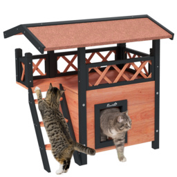 PawHut Cat House Outdoor w/ Balcony Stairs Roof, 77 x 50 x 73 cm, Brown - Aosom UK - thumbnail 1
