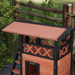 PawHut Cat House Outdoor w/ Balcony Stairs Roof, 77 x 50 x 73 cm, Brown - Aosom UK - thumbnail 7
