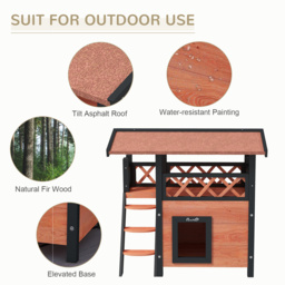 PawHut Cat House Outdoor w/ Balcony Stairs Roof, 77 x 50 x 73 cm, Brown - Aosom UK - thumbnail 5