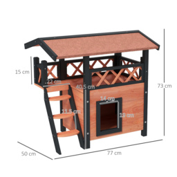 PawHut Cat House Outdoor w/ Balcony Stairs Roof, 77 x 50 x 73 cm, Brown - Aosom UK - thumbnail 3