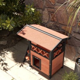 PawHut Cat House Outdoor w/ Balcony Stairs Roof, 77 x 50 x 73 cm, Brown - Aosom UK - thumbnail 9