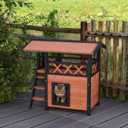 PawHut Cat House Outdoor w/ Balcony Stairs Roof, 77 x 50 x 73 cm, Brown - Aosom UK - thumbnail 2