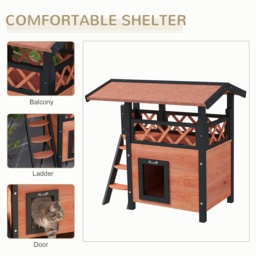 PawHut Cat House Outdoor w/ Balcony Stairs Roof, 77 x 50 x 73 cm, Brown - Aosom UK - thumbnail 4