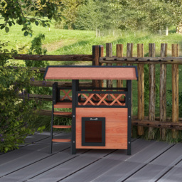 PawHut Cat House Outdoor w/ Balcony Stairs Roof, 77 x 50 x 73 cm, Brown - Aosom UK - thumbnail 8