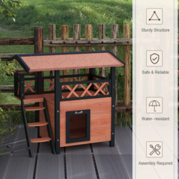 PawHut Cat House Outdoor w/ Balcony Stairs Roof, 77 x 50 x 73 cm, Brown - Aosom UK - thumbnail 6