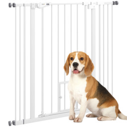 PawHut Extra Tall Pet Gate, Indoor Dog Safety Gate, with Cat Flap, Auto Close, 74-101cm Wide - White - Aosom UK