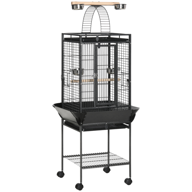 PawHut 156cm Bird Cage,Large Parrot Cage with Open Play Top, Perch, Seed Guard, Wheels, Storage Shelf, Dark Grey - image 1