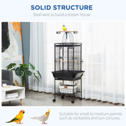 PawHut 156cm Bird Cage,Large Parrot Cage with Open Play Top, Perch, Seed Guard, Wheels, Storage Shelf, Dark Grey - thumbnail 7