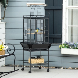 PawHut 156cm Bird Cage,Large Parrot Cage with Open Play Top, Perch, Seed Guard, Wheels, Storage Shelf, Dark Grey - thumbnail 2