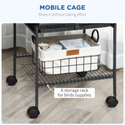 PawHut 156cm Bird Cage,Large Parrot Cage with Open Play Top, Perch, Seed Guard, Wheels, Storage Shelf, Dark Grey - thumbnail 5