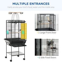 PawHut 156cm Bird Cage,Large Parrot Cage with Open Play Top, Perch, Seed Guard, Wheels, Storage Shelf, Dark Grey - thumbnail 6
