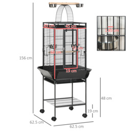 PawHut 156cm Bird Cage,Large Parrot Cage with Open Play Top, Perch, Seed Guard, Wheels, Storage Shelf, Dark Grey - thumbnail 3
