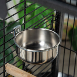 PawHut 156cm Bird Cage,Large Parrot Cage with Open Play Top, Perch, Seed Guard, Wheels, Storage Shelf, Dark Grey - thumbnail 9