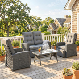 Outsunny 4 Piece Rattan Garden Furniture Sets, 4 Seater Outdoor Sofa Sectional w/Wicker Sofa, Reclining Armchair and Glass Table for Yard, Grey - thumbnail 2