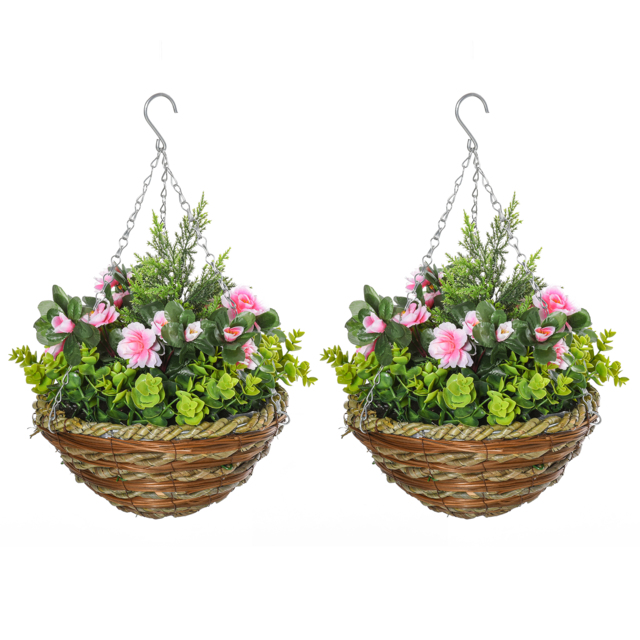 Outsunny Set of 2 Artificial Plant Lisianthus Flowers Hanging Planter with Basket for Indoor Outdoor Decoration - Aosom UK - image 1