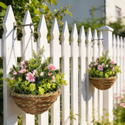 Outsunny Set of 2 Artificial Plant Lisianthus Flowers Hanging Planter with Basket for Indoor Outdoor Decoration - Aosom UK - thumbnail 9