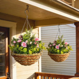 Outsunny Set of 2 Artificial Plant Lisianthus Flowers Hanging Planter with Basket for Indoor Outdoor Decoration - Aosom UK - thumbnail 2