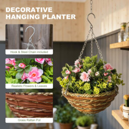 Outsunny Set of 2 Artificial Plant Lisianthus Flowers Hanging Planter with Basket for Indoor Outdoor Decoration - Aosom UK - thumbnail 4