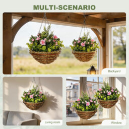 Outsunny Set of 2 Artificial Plant Lisianthus Flowers Hanging Planter with Basket for Indoor Outdoor Decoration - Aosom UK - thumbnail 5