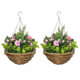 Outsunny Set of 2 Artificial Plant Lisianthus Flowers Hanging Planter with Basket for Indoor Outdoor Decoration - Aosom UK - thumbnail 1