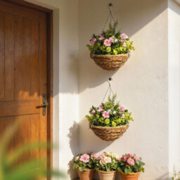Outsunny Set of 2 Artificial Plant Lisianthus Flowers Hanging Planter with Basket for Indoor Outdoor Decoration - Aosom UK - thumbnail 8