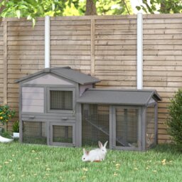 PawHut Small Animal Two-Level Fir Wood Hutch w/ Ramp Burnt Yellow - thumbnail 2