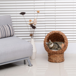 PawHut Wicker Cat Bed, Raised Rattan Cat Basket with Cylindrical Base, Soft Washable Cushion, Brown, 42 x 33 x 52 cm - Aosom UK - thumbnail 7