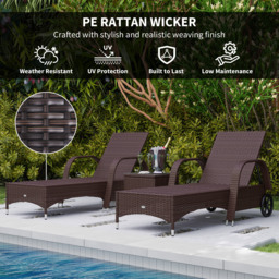 Outsunny 3 Pieces Patio Lounge Chair Set, Garden Wicker Wheeling Recliner Outdoor Daybed, PE Rattan Lounge Chairs w/ Cushions - Aosom UK - thumbnail 5