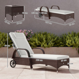 Outsunny 3 Pieces Patio Lounge Chair Set, Garden Wicker Wheeling Recliner Outdoor Daybed, PE Rattan Lounge Chairs w/ Cushions - Aosom UK - thumbnail 3