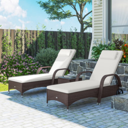 Outsunny 3 Pieces Patio Lounge Chair Set, Garden Wicker Wheeling Recliner Outdoor Daybed, PE Rattan Lounge Chairs w/ Cushions - Aosom UK - thumbnail 2