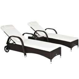 Outsunny 3 Pieces Patio Lounge Chair Set, Garden Wicker Wheeling Recliner Outdoor Daybed, PE Rattan Lounge Chairs w/ Cushions - Aosom UK