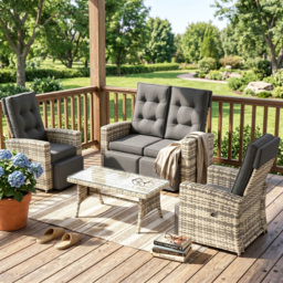 Outsunny 4 Piece Rattan Garden Furniture Set Outdoor Sofa Sectional Set with Glass Top Table for Yard, Poolside, Light Grey - Aosom UK - thumbnail 9