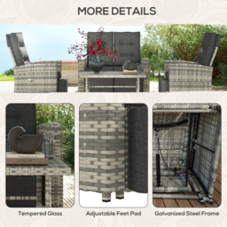 Outsunny 4 Piece Rattan Garden Furniture Set Outdoor Sofa Sectional Set with Glass Top Table for Yard, Poolside, Light Grey - Aosom UK - thumbnail 7