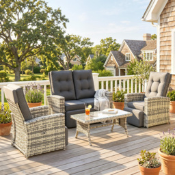 Outsunny 4 Piece Rattan Garden Furniture Set Outdoor Sofa Sectional Set with Glass Top Table for Yard, Poolside, Light Grey - Aosom UK - thumbnail 2