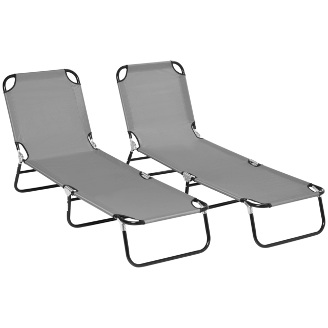 Outsunny Folding Sun Loungers Set of 2, Outdoor Day Bed with 5-Position Adjustable Backrest with Breathable Mesh for Beach, Patio, Dark Grey - image 1