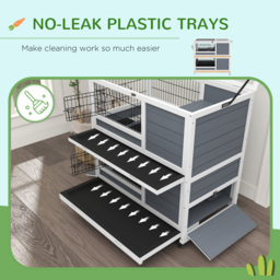 PawHut Double Deckers Guinea Pig Cage Rabbit Hutch Indoor with Feeding Trough, Trays, Ramps, Openable Top - Grey - Aosom UK - thumbnail 6