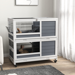 PawHut Double Deckers Guinea Pig Cage Rabbit Hutch Indoor with Feeding Trough, Trays, Ramps, Openable Top - Grey - Aosom UK - thumbnail 2
