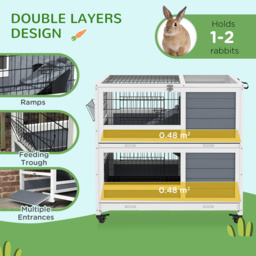 PawHut Double Deckers Guinea Pig Cage Rabbit Hutch Indoor with Feeding Trough, Trays, Ramps, Openable Top - Grey - Aosom UK - thumbnail 4