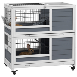 PawHut Double Deckers Guinea Pig Cage Rabbit Hutch Indoor with Feeding Trough, Trays, Ramps, Openable Top - Grey - Aosom UK
