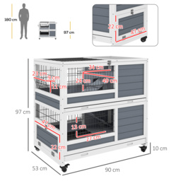 PawHut Double Deckers Guinea Pig Cage Rabbit Hutch Indoor with Feeding Trough, Trays, Ramps, Openable Top - Grey - Aosom UK - thumbnail 3