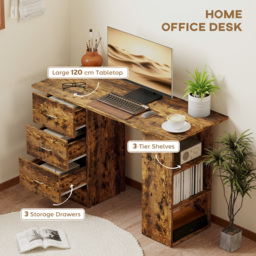 HOMCOM Computer Desk, Writing Table, PC Workstation with 3 Storage Shelves and Drawers, Silver Handle, for Home Office, Rustic Brown - thumbnail 4