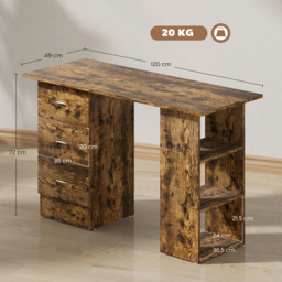HOMCOM Computer Desk, Writing Table, PC Workstation with 3 Storage Shelves and Drawers, Silver Handle, for Home Office, Rustic Brown - thumbnail 3